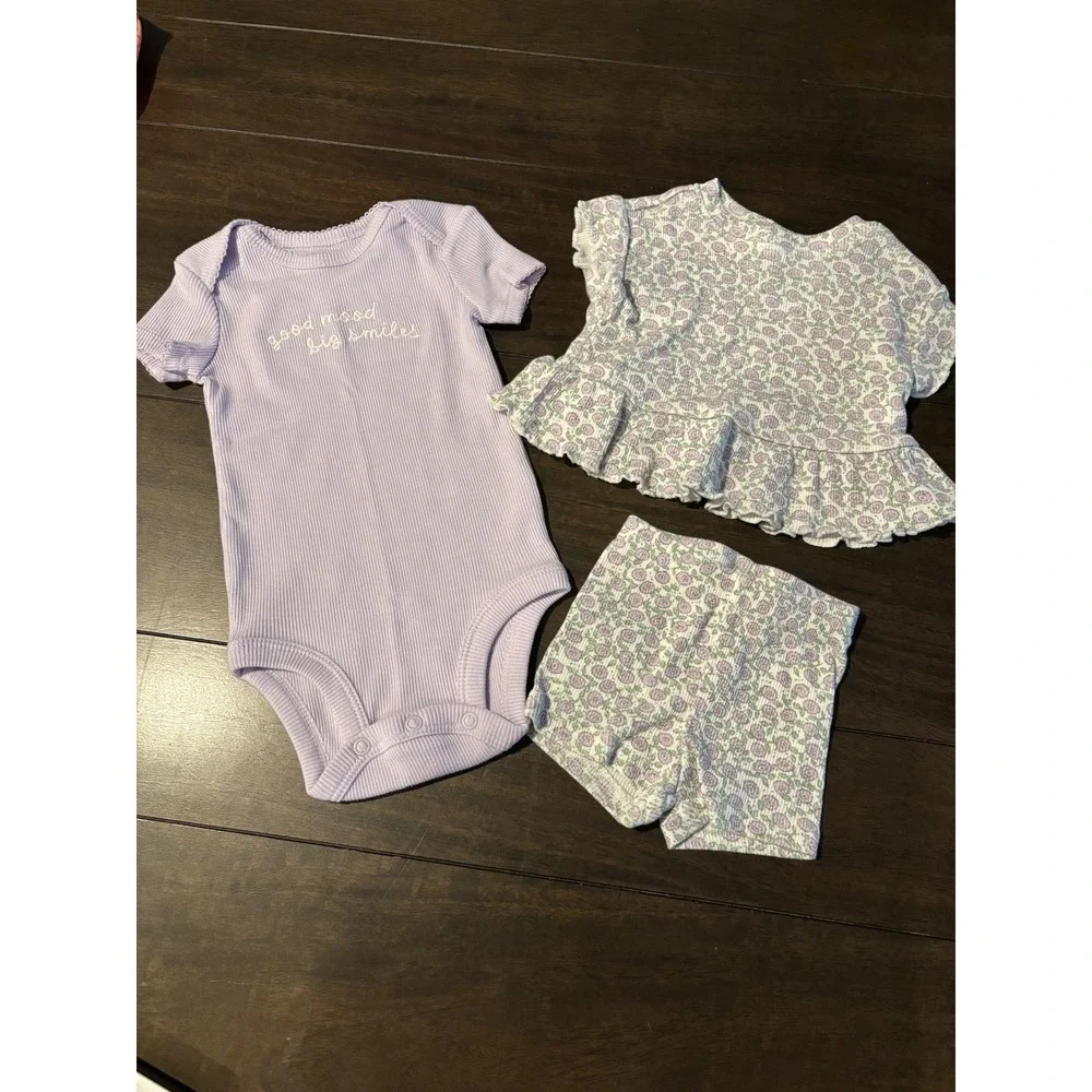 Carters Child of Mine Baby Girls 3 Piece Set Purple Floral Bodysuit 0-3 Months